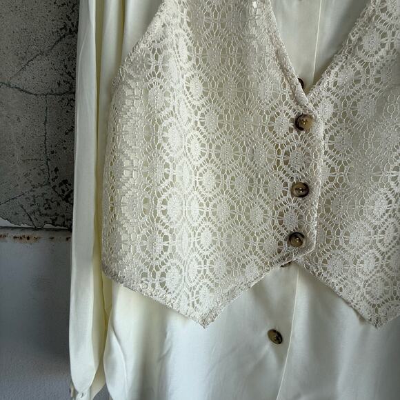 Vintage Blouse with Crochet Lace Vest Cream USA Made 90s Prairie Minimalist Top - Picture 3 of 6